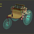 Vintage Three Wheeled Vehicle with Wooden Body Brown Seat and Black Wheels