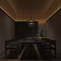 Japanese Restaurant Interior With Wooden Ceiling Long Table Hanging Lights And Green Plants