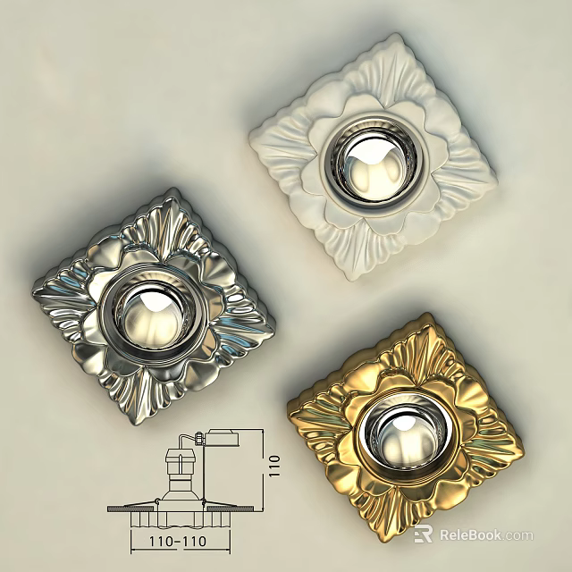 Square Shaped Ceiling Lights With Silver White Gold Finishes And Decorative Patterns 3d model