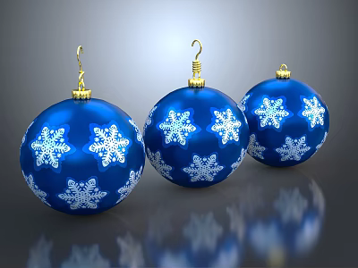 Three Blue Snowflake Ornaments With Gold Hooks For Christmas Decoration 3d model