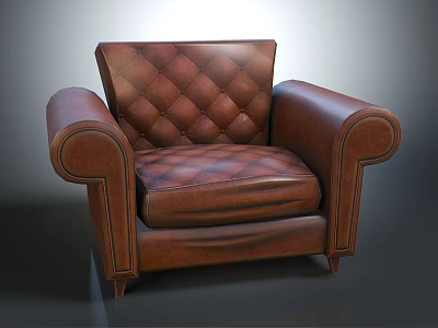 Brown Single Leather Sofa with Tufted Diamond Pattern and Rounded Armrests Classic Design 3d model