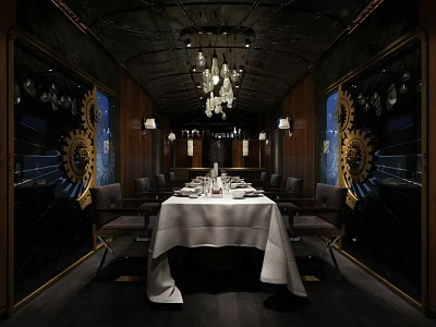 Elegant Restaurant Interior With Long Dining Table White Tablecloth And Chandeliers 3d model
