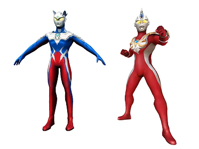 Ultraman Game Movie Characters in Blue Red Battle Costumes with Glowing Eyes and Dynamic Poses 3d model