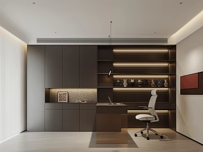 Modern Study Room Interior With Dark Cabinets Bookshelves Desk And Office Chair 3d model