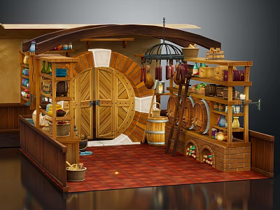 Cartoon Wooden Store Scene With Double Doors Barrels Shelves And Red Checkered Carpet 3d model