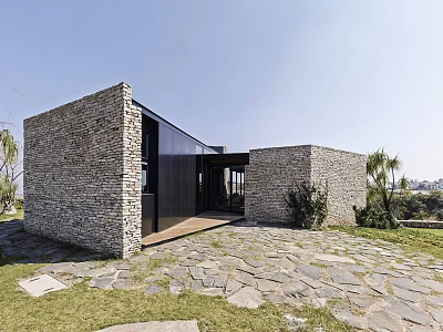 Modern Detached Villa with Stone Walls Black Facade and Stone Patio Entrance Area 3d model