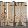 Four Panel Room Divider Featuring Metal Frame And Floral Pattern On Light Beige Panels 3d model
