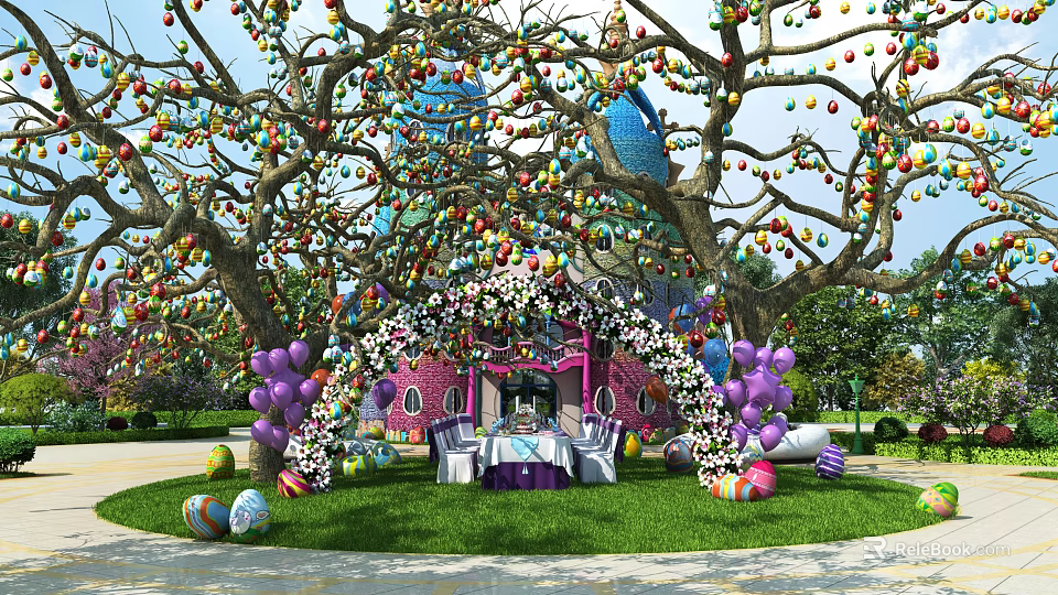 Easter Celebration Scene with Decorated Trees Colorful Eggs Arched Gateway Pink Castle and Balloons Setup 3d model 