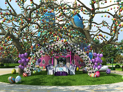 Easter Celebration Scene with Decorated Trees Colorful Eggs Arched Gateway Pink Castle and Balloons Setup 3d model