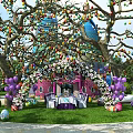 Easter Celebration Scene with Decorated Trees Colorful Eggs Arched Gateway Pink Castle and Balloons Setup