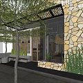 Modern Café Interior with Wooden Counter Black Bar Stools Green Plants Pendant Lights Patterned Floor