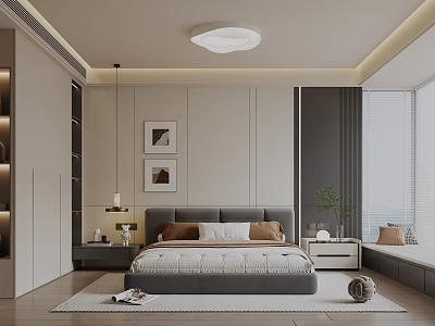 Modern Minimalist Bedroom with Gray Headboard Two Framed Artworks Large Windows and Window Seat 3d model