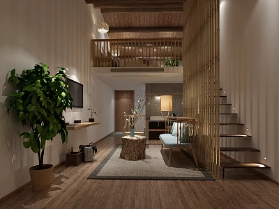 Modern Duplex Interior Design With Wooden Flooring Staircase Green Plant And Golden Screen Partition 3d model