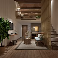 Modern Duplex Interior Design With Wooden Flooring Staircase Green Plant And Golden Screen Partition