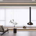White Vertical Blinds In Modern Living Room With Armchair Table Plant And Lamp