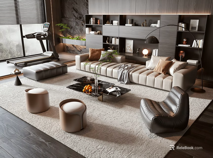 Modern Sofa and Coffee Table Set Interior With Armchair Stools Area Rug and Floor Lamp 3d model 
