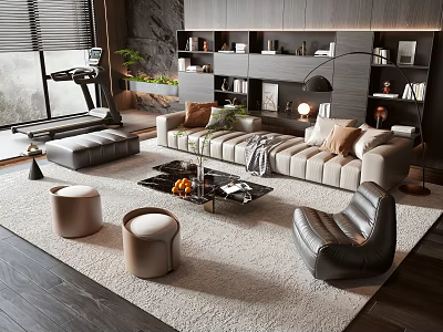 Modern Sofa and Coffee Table Set Interior With Armchair Stools Area Rug and Floor Lamp 3d model