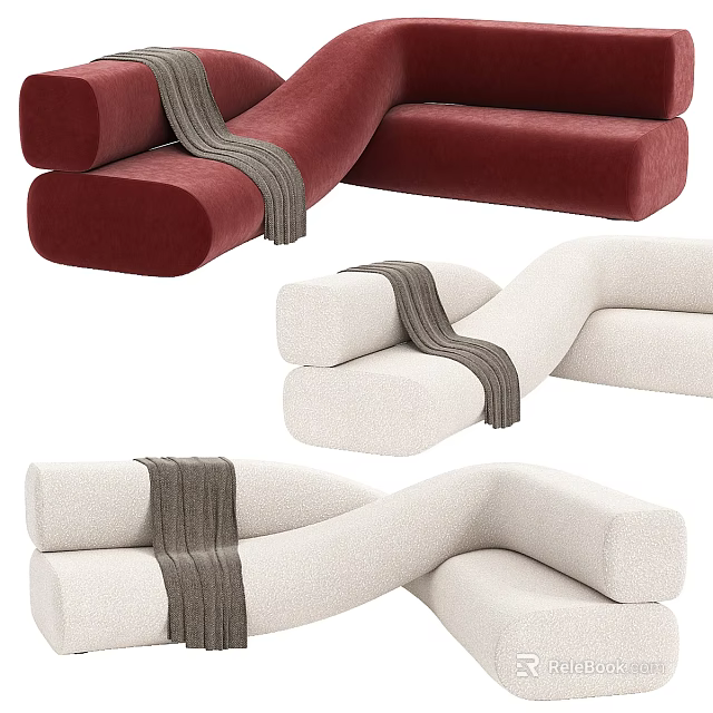Red and Beige Irregular Shaped Sofas with Gray Blankets in Modern Design 3d model 