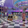 Vibrant Arcade Amusement Park Interior With Neon Lights Checkerboard Floor Game Machines And Token Dispensers