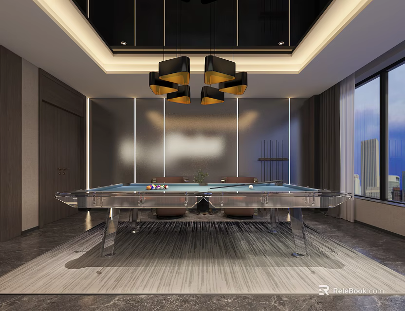Modern Billiard Room Interior With Glass Pool Table Pendant Lights Area Rug And Large Windows 3d model 