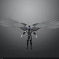 Futuristic Character In Black White Suit With Large Mechanical Wings And Glowing Blue Accents