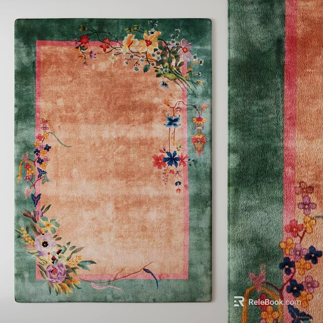 Square Floral Carpet With Colorful Flower Patterns And Green Orange Borders 3d model 