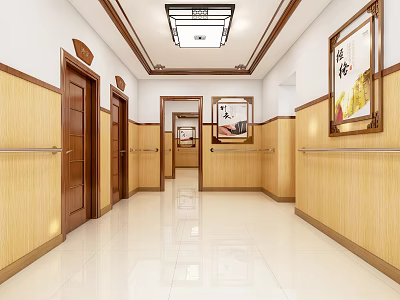 Chinese Style Elevator Corridor With Wooden Walls Decorative Paintings White Tiled Floor And Handrails 3d model