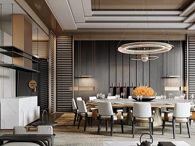 Luxury Private Dining Room Interior With Round Marble Table Pendant Lights And White Chairs 3d model