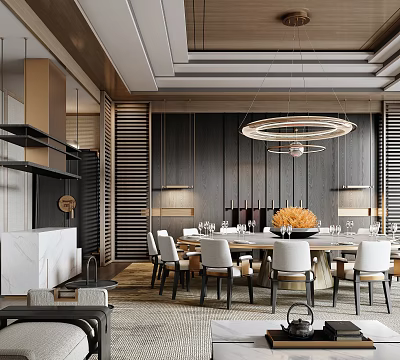 Luxury Private Dining Room Interior With Round Marble Table Pendant Lights And White Chairs 3d model