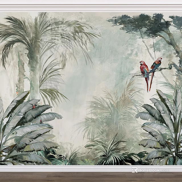 Tropical Jungle Mural With Palm Leaves Banana Plants And Colorful Parrots 3d model 