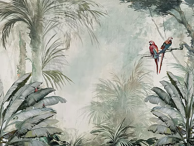 Tropical Jungle Mural With Palm Leaves Banana Plants And Colorful Parrots 3d model