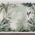 Tropical Jungle Mural With Palm Leaves Banana Plants And Colorful Parrots