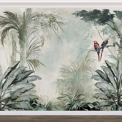 Tropical Jungle Mural With Palm Leaves Banana Plants And Colorful Parrots 3d model