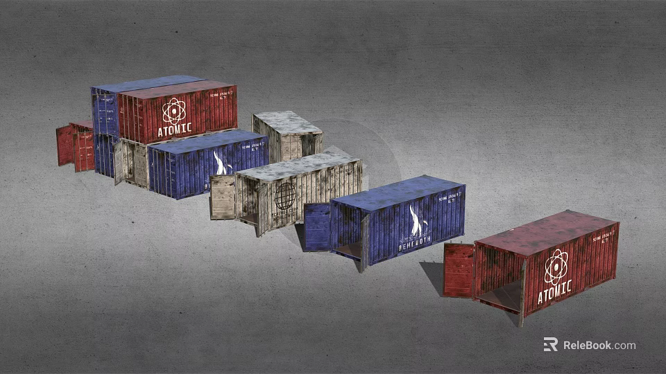 Red And Blue Atlantic Shipping Containers With Various Sizes And Stacked Arrangement 3d model 