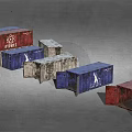 Red And Blue Atlantic Shipping Containers With Various Sizes And Stacked Arrangement