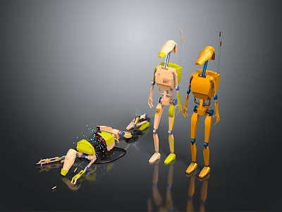 Mechanical Robots In Different Poses Standing And Lying With Yellow Green Parts 3d model