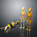 Mechanical Robots In Different Poses Standing And Lying With Yellow Green Parts