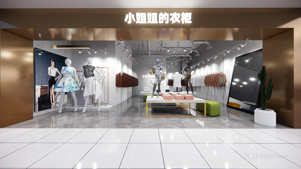 Elegant Modern Women's Clothing Store Interior With Mannequins Garment Racks And Display Tables 3d model 