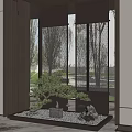 Modern Chinese Style Garden Ornament with Green Plants Stones and Metal Screen at Indoor Entrance