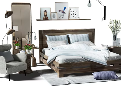Double Bed With Wooden Frame Blue And White Striped Pillows Nightstand Table Lamp Potted Plants Wall Art Mirror Rug And Armchair 3d model