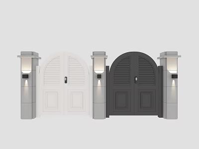 White and Dark Gray Arched Gates with Stone Pillars and Lamps Design 3d model