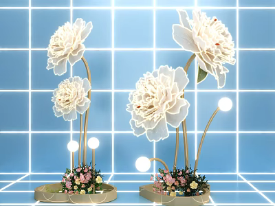 Elegant Floral Art Installation with Large White Flowers Lighting and Blue Grid Background 3d model