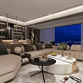 Modern Living and Dining Room With Marble Feature Wall Large Sofa Bookshelves And Pendant Lights