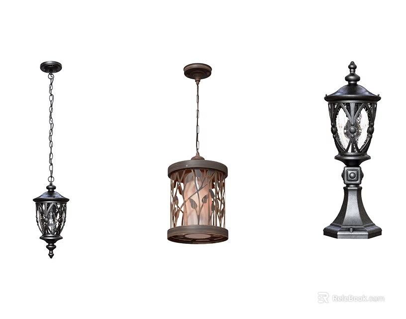 Classic Wrought Iron and Lattice Design Lighting Fixture Set with Pendant and Column Lamps 3d model 