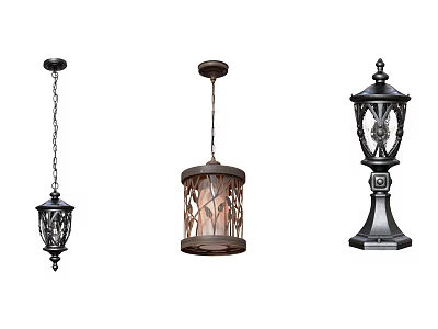 Classic Wrought Iron and Lattice Design Lighting Fixture Set with Pendant and Column Lamps 3d model