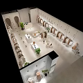 Modern Clothing Store with Hanging Clothes Mannequins Display Counters Bags and Green Plants