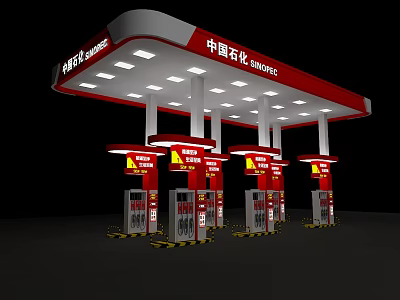 Sinopec Gas Station With Red Canopy And Multiple Fuel Dispensers 3d model