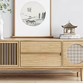 Wooden Chinese Style TV Stand With Slatted Panels Circular Design And Landscape Painting Decor