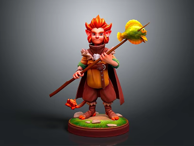 Red Haired Character Holding Wooden Staff With Green Bird Creature On Decorative Base 3d model