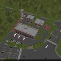 Aerial View Planning of Fire Station Complex with Red Vehicles Basketball Court and Greenery